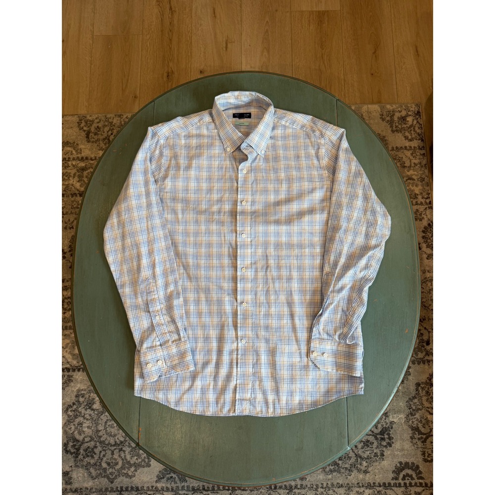 Peter Millar Crown Crafted Flex Finish Plaid Button Down Shirt Blue Tan Mens L